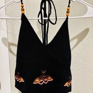 ROMWE Boho Black Knit Top with Embroidered Moths Size M